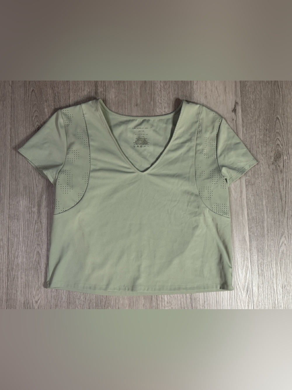 Sincerely Jules Sage Green Cropped Activewear Top Perforated Holes On Side Small